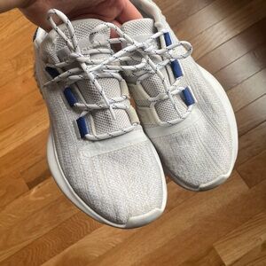 adidas White and Blue Sneakers with Knit Upper and Cushioned Sole